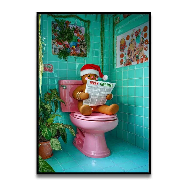 Whimsical giraffe on toilet canvas wall art for bathroom