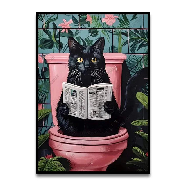 Whimsical giraffe on toilet canvas wall art for bathroom