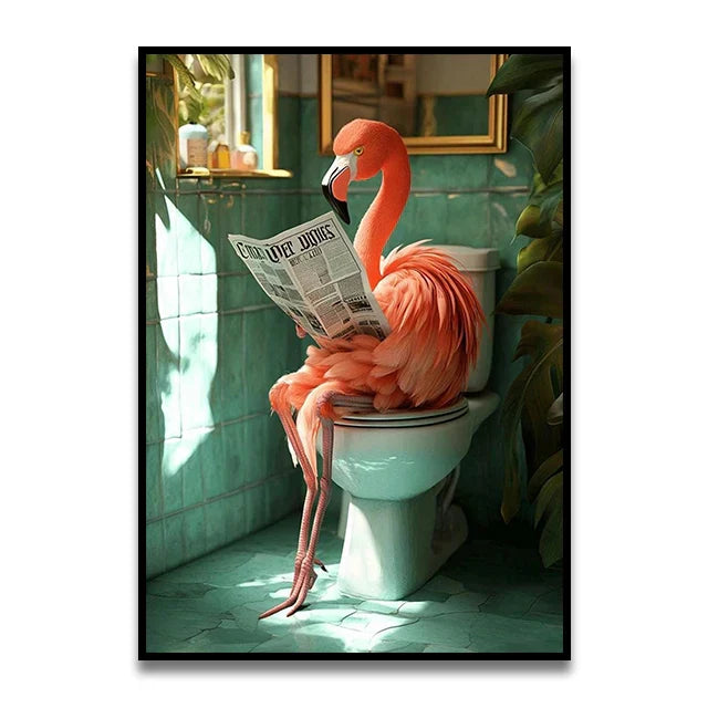 Funny dog reading newspaper pink bathroom canvas wall art