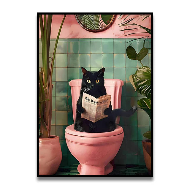 Whimsical giraffe on toilet canvas wall art for bathroom