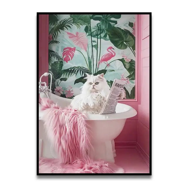 Funny french bulldog pink toilet canvas wall art bathroom decor