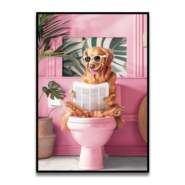 Funny orange cat reading newspaper bathroom wall art