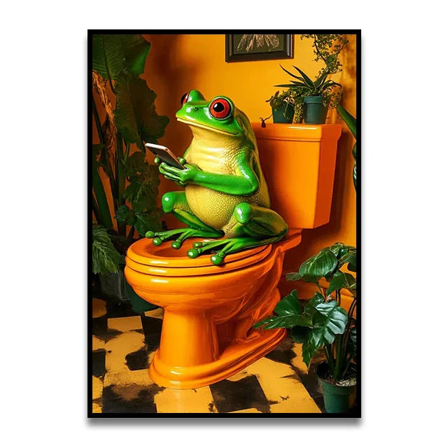 Funny black cat on pink toilet bathroom wall art print