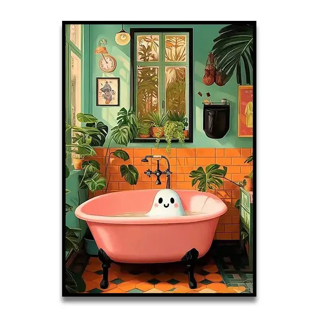 Whimsical ghost and orange toilet bathroom wall art print