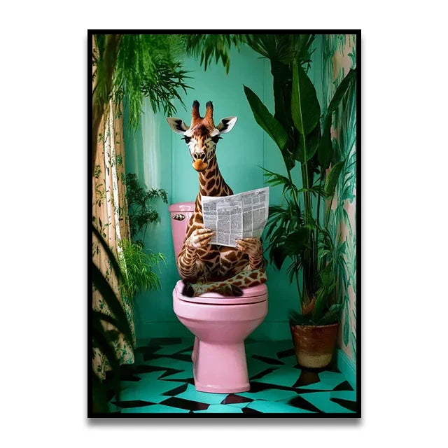 Funny black cat reading newspaper canvas wall art bathroom decor