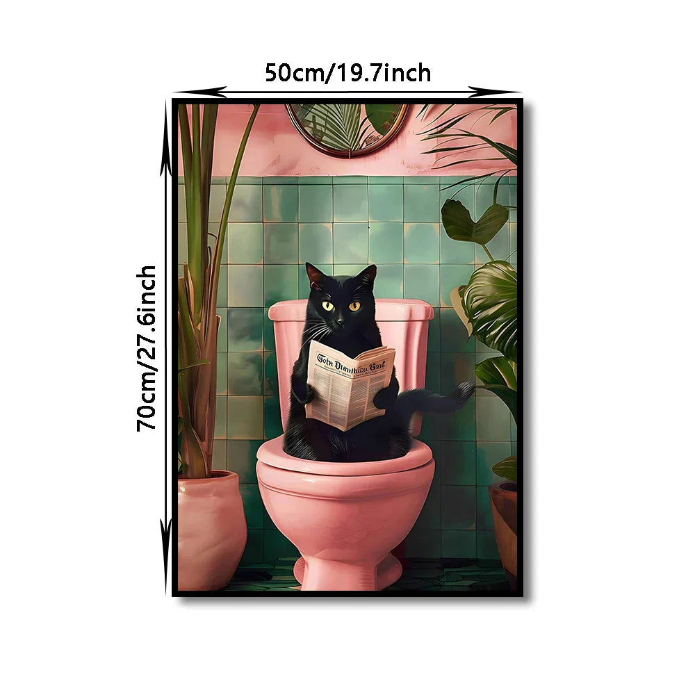 Funny black cat reading newspaper canvas wall art bathroom decor