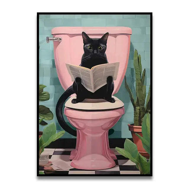 Funny french bulldog on pink toilet bathroom cat reading wall art