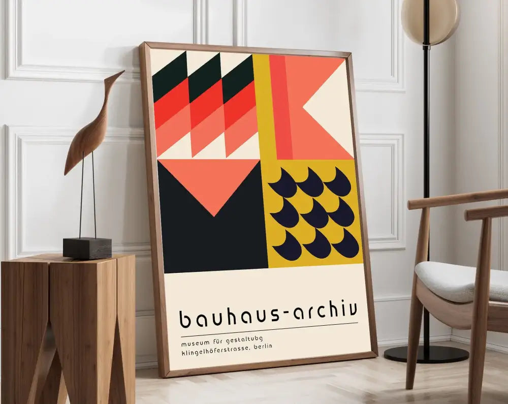 Geometric bauhaus canvas poster orange & pink wood framed wall art