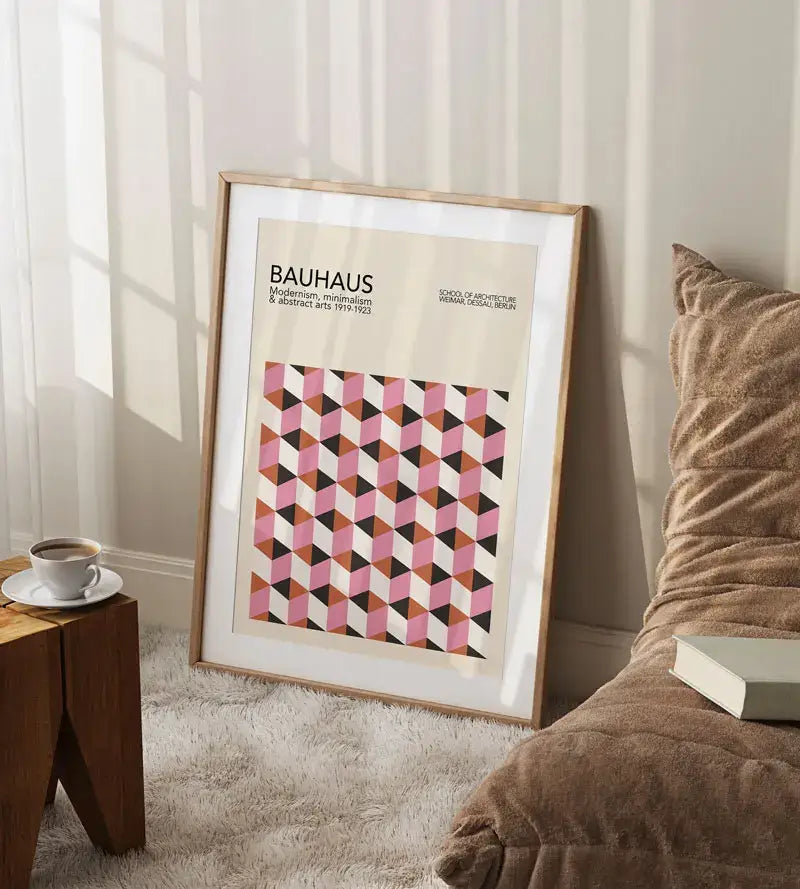 Geometric bauhaus canvas wall art orange & brown living room decor