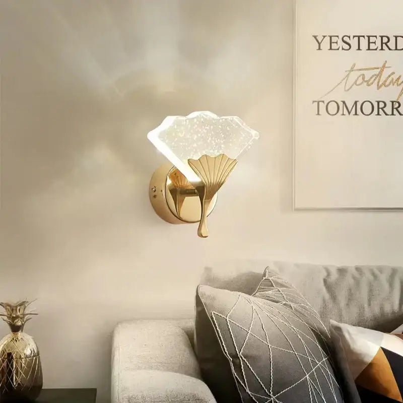 Modern gold ginkgo leaf wall lights bedroom starry glass sconce