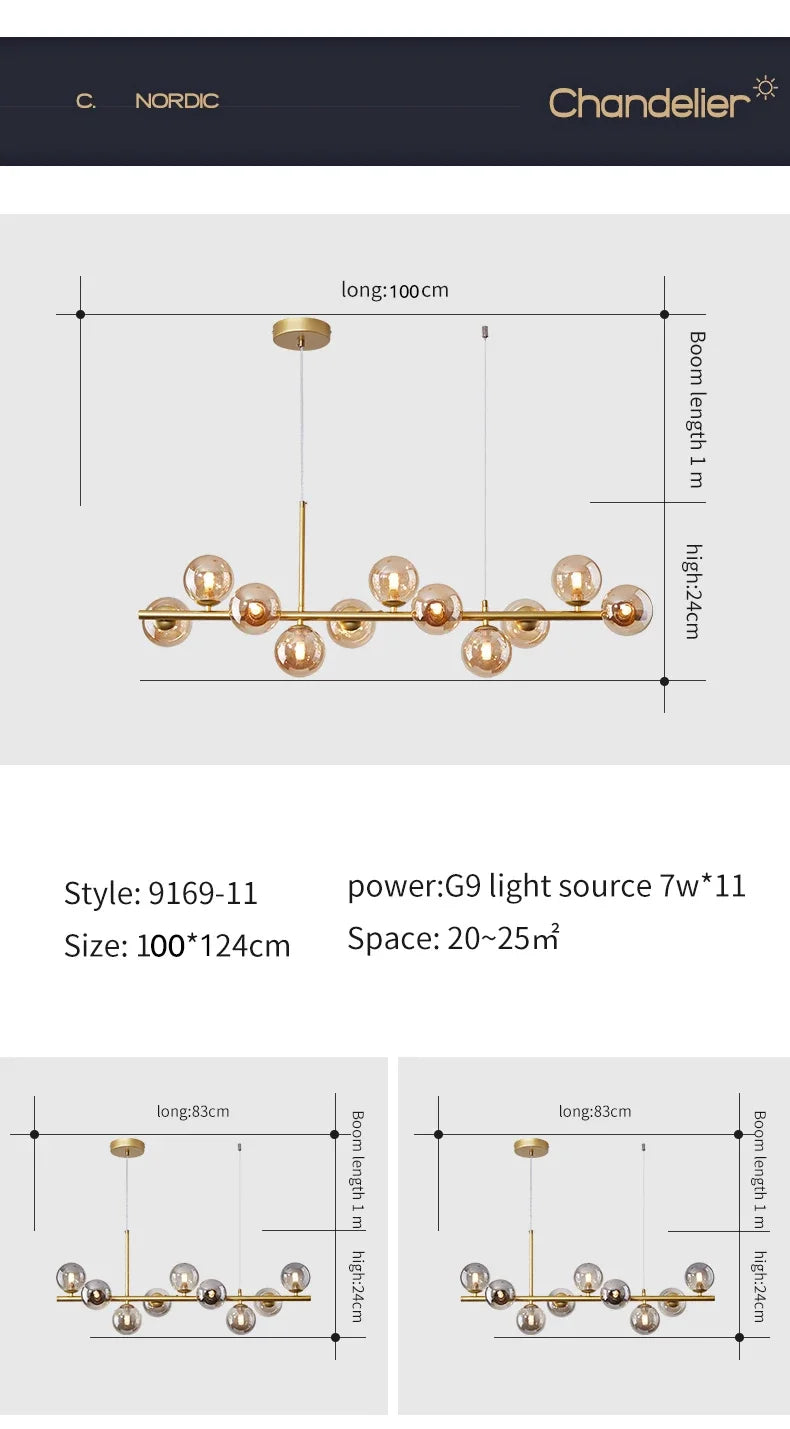Modern gold glass ball ceiling chandelier dining room light