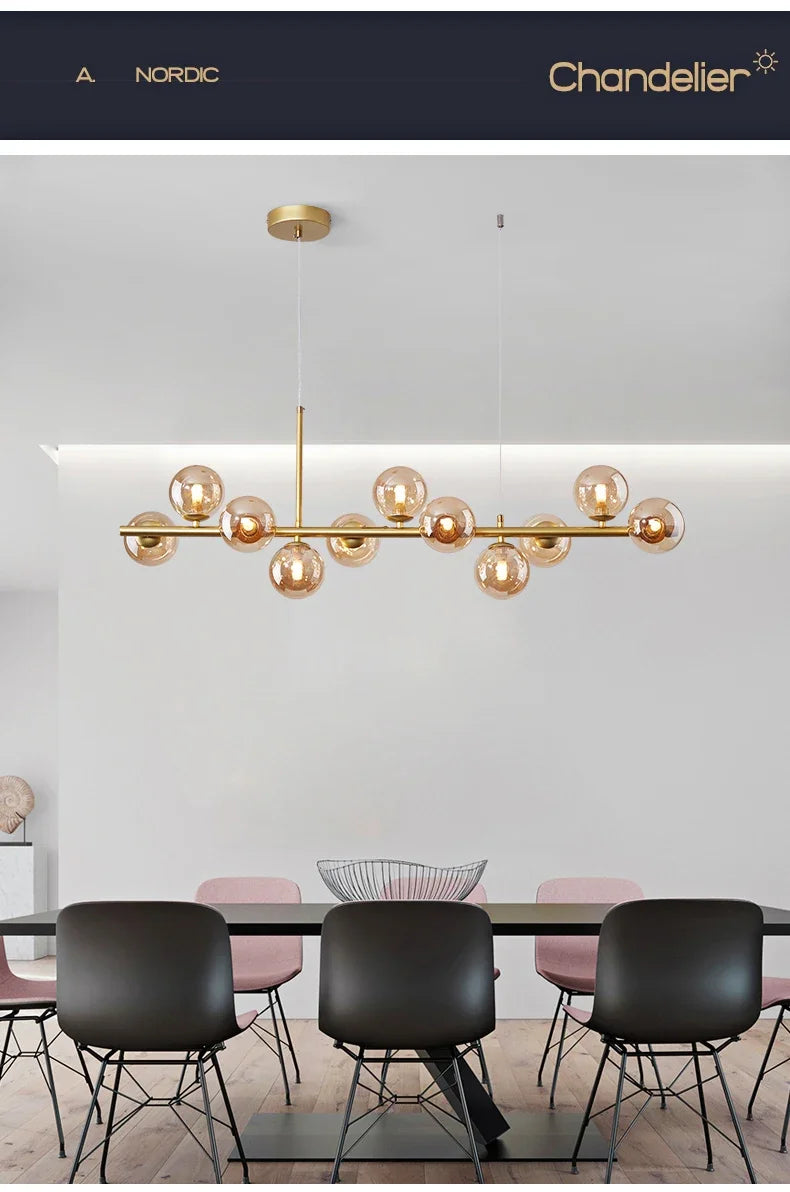 Modern gold glass ball chandelier dining room cognac pendant light