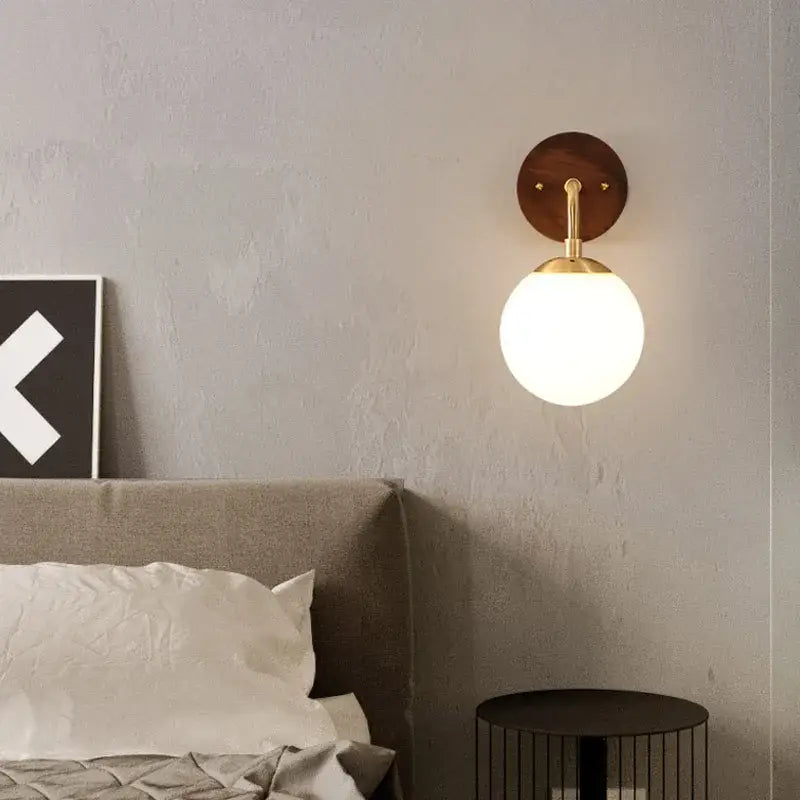 Modern walnut and brass glass wall light fixture bedroom sconce