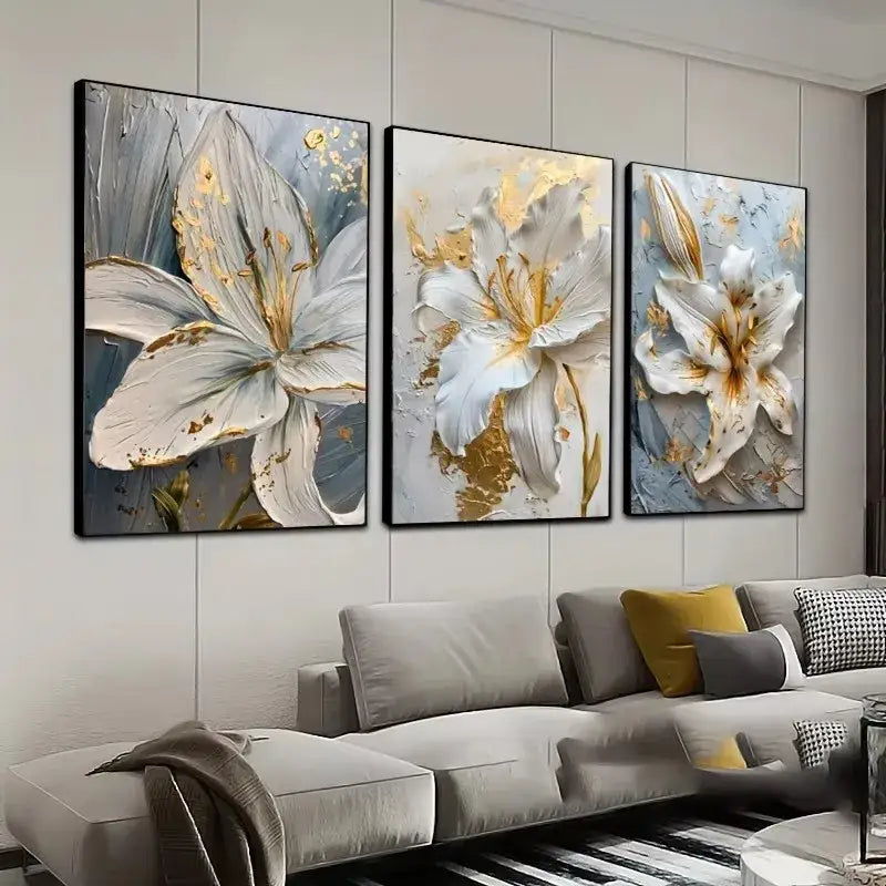 Abstract white & gold flower canvas wall art living room 3 panel decor