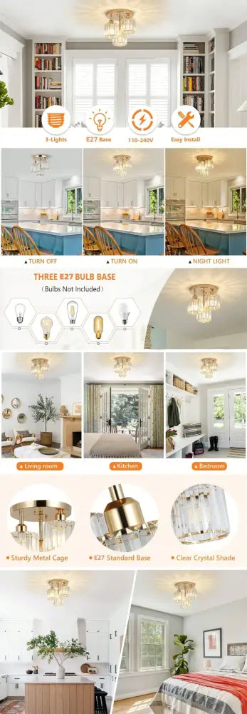 Gold crystal three light semi mount ceiling light bedroom