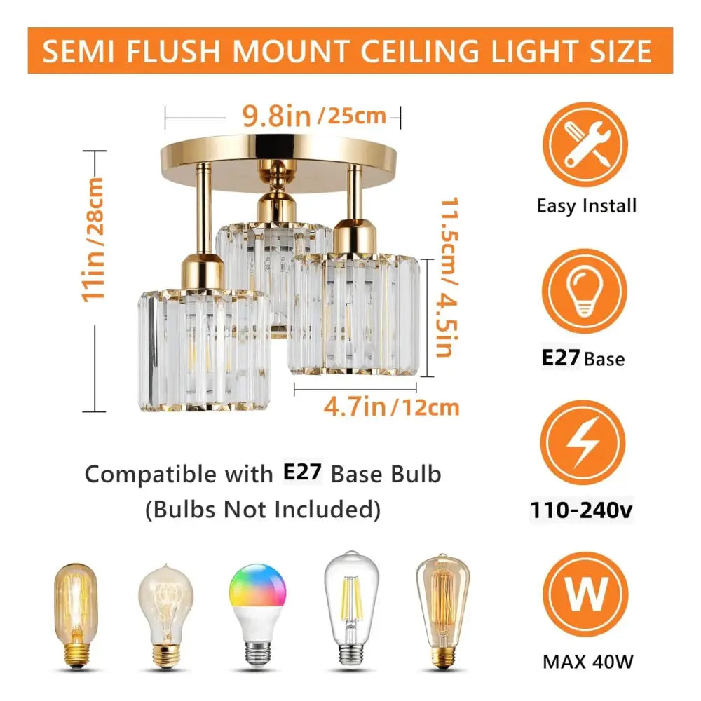 Gold crystal three light semi mount ceiling light bedroom