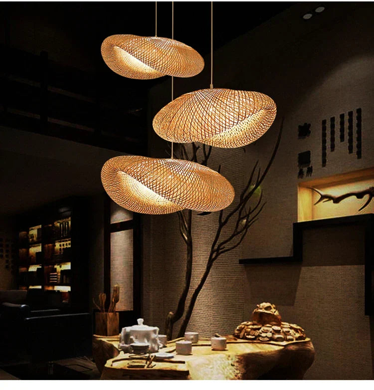 Boho natural bamboo pendant ceiling light dining room woven lamp