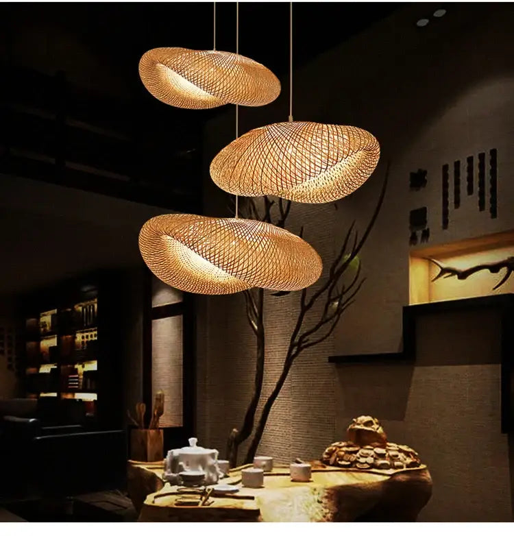 Boho natural bamboo pendant ceiling light dining room woven lamp