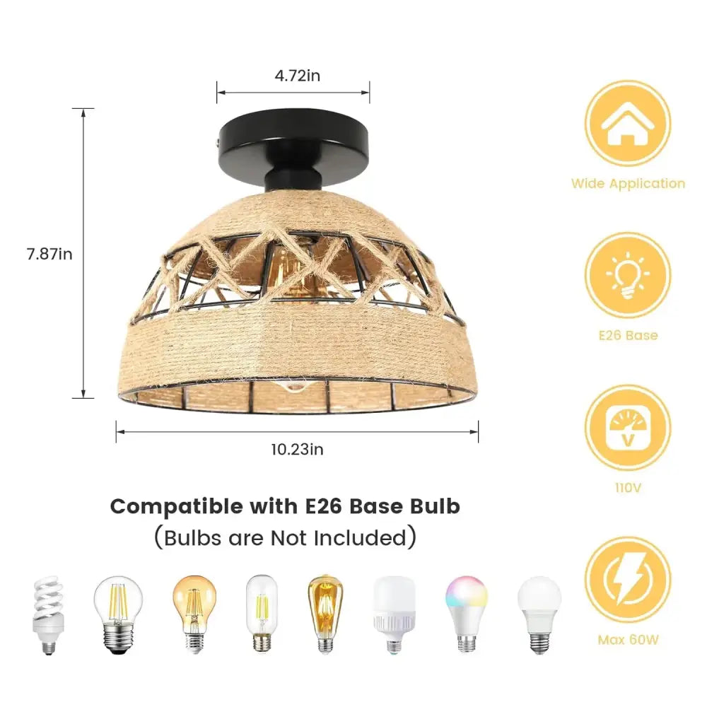 Boho jute woven hemp rope ceiling light for living room dome shade