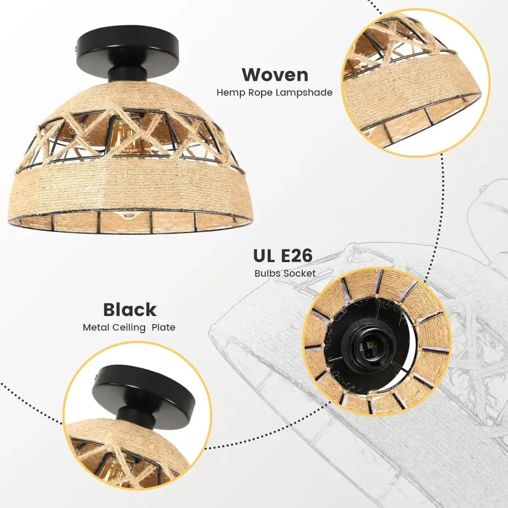 Boho jute woven hemp rope ceiling light for living room dome shade