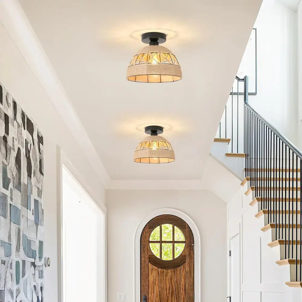 Boho jute woven hemp rope ceiling light for living room dome shade