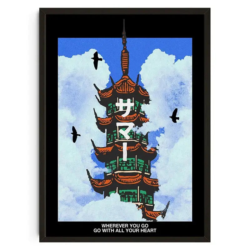 Japanese koi cat abstract pagoda canvas wall art living room decor