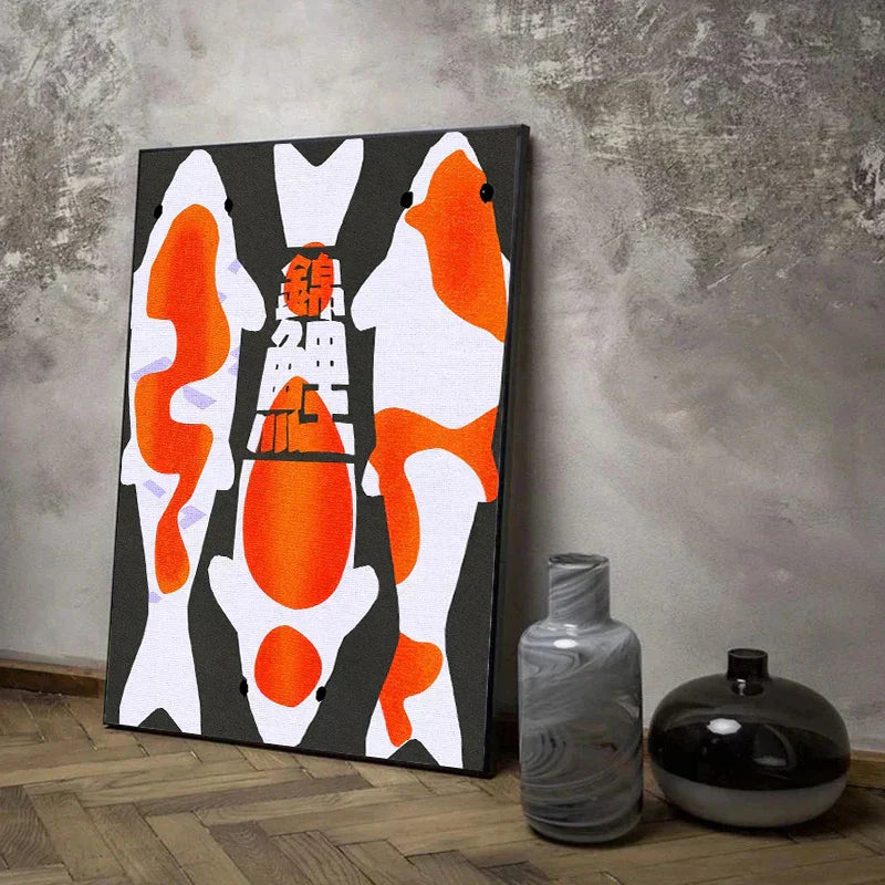 Abstract japanese koi cat framed canvas wall art living room decor