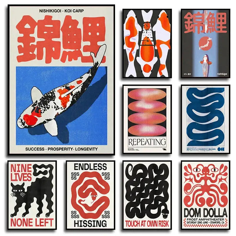 Japanese koi cat blue octopus everything is confusing living room art