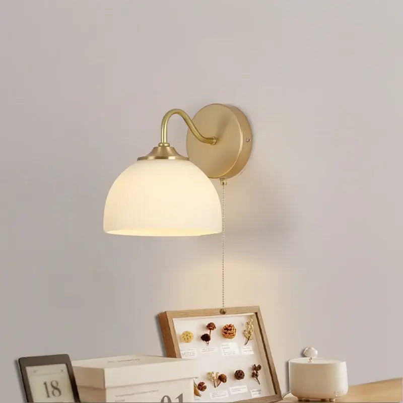 Modern gold glass wall sconce with pull chain switch bedroom light