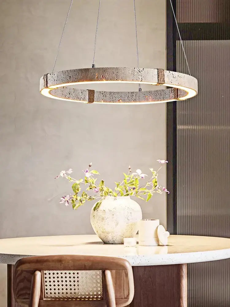 Minimalist wood led natural stone round linear chandelier dining room