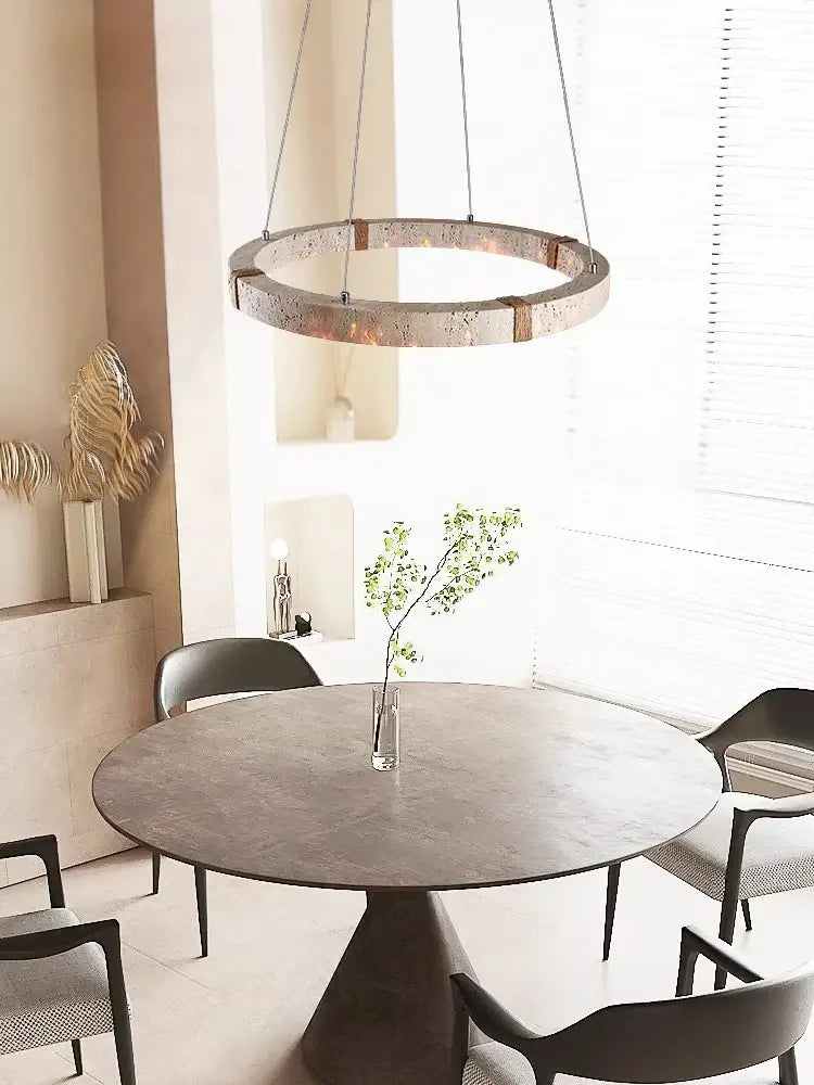 Minimalist wood led natural stone round linear chandelier dining room