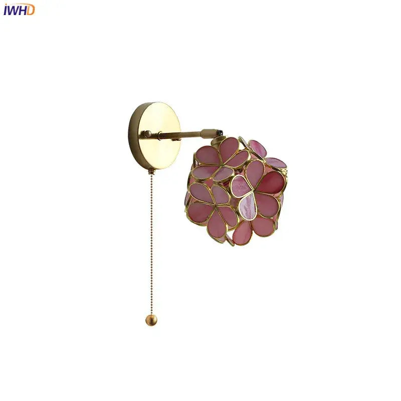 Pink cherry blossom led petal wall sconce bedroom pull chain light