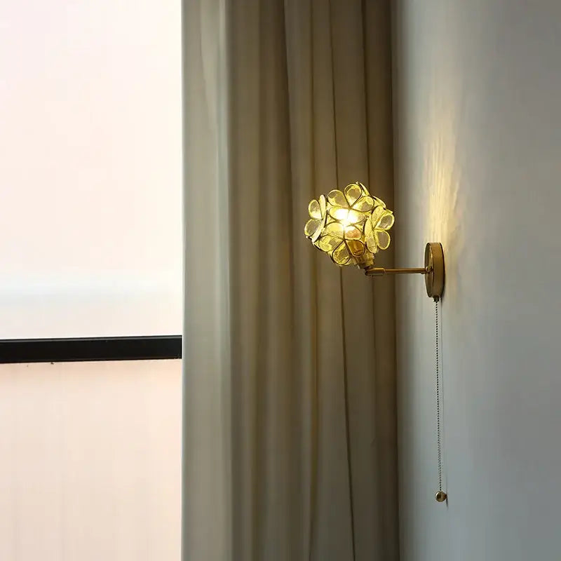 Pink cherry blossom led petal wall sconce bedroom pull chain light