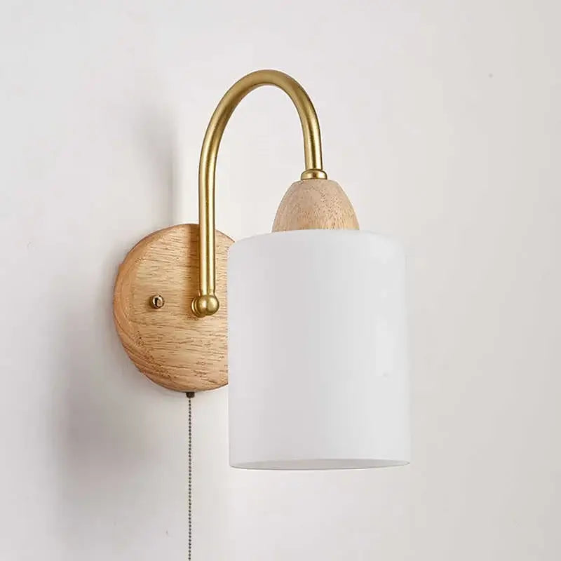 Modern brass and wood led pull chain wall lights for bedroom