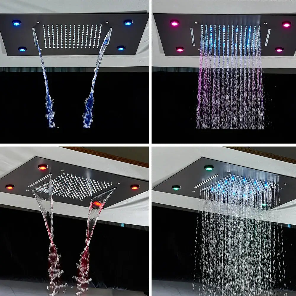 Modern black rain waterfall shower head bathroom blue led lights