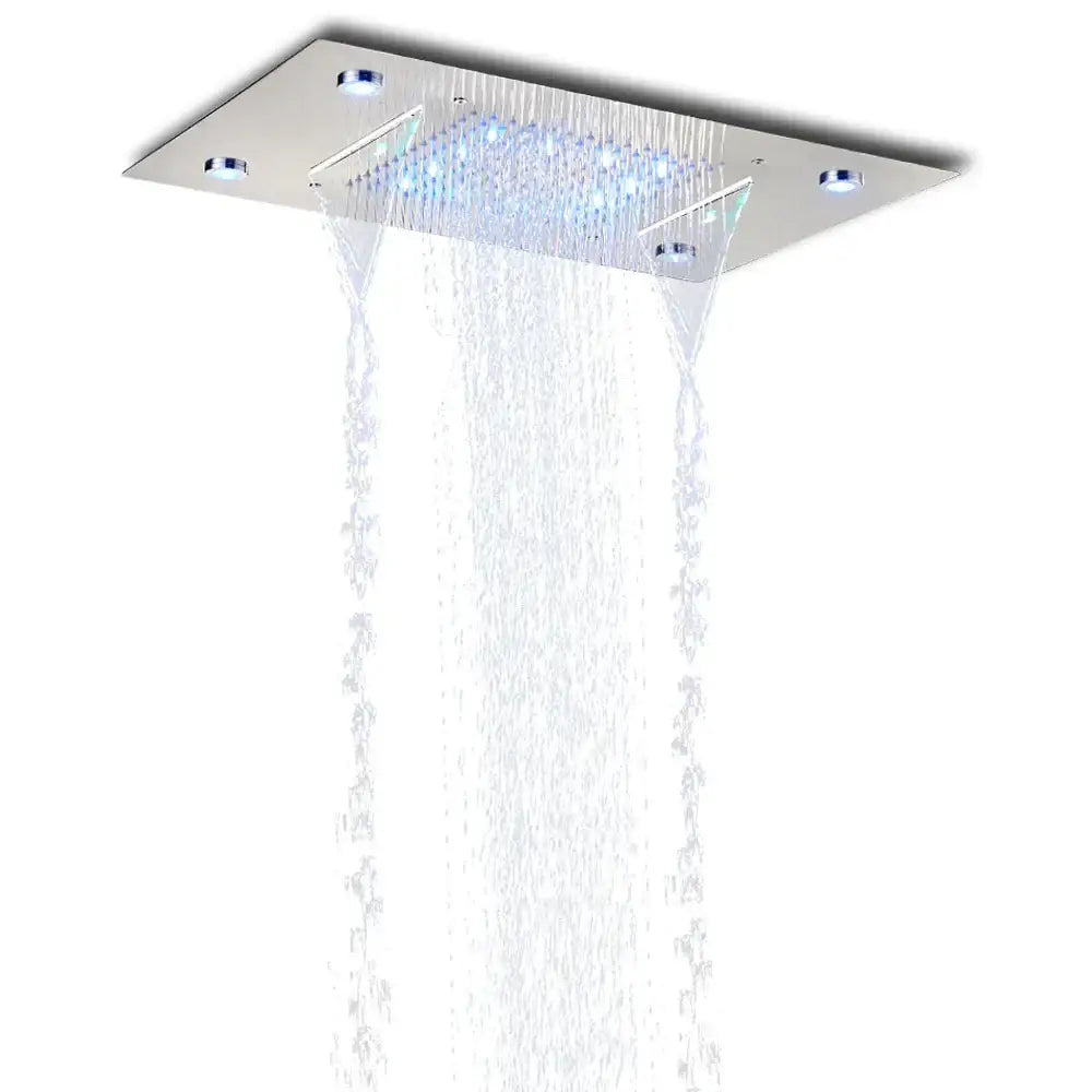 Modern black rain waterfall shower head bathroom blue led lights