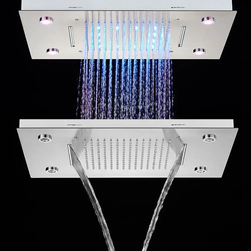 Modern black rain waterfall shower head bathroom blue led lights