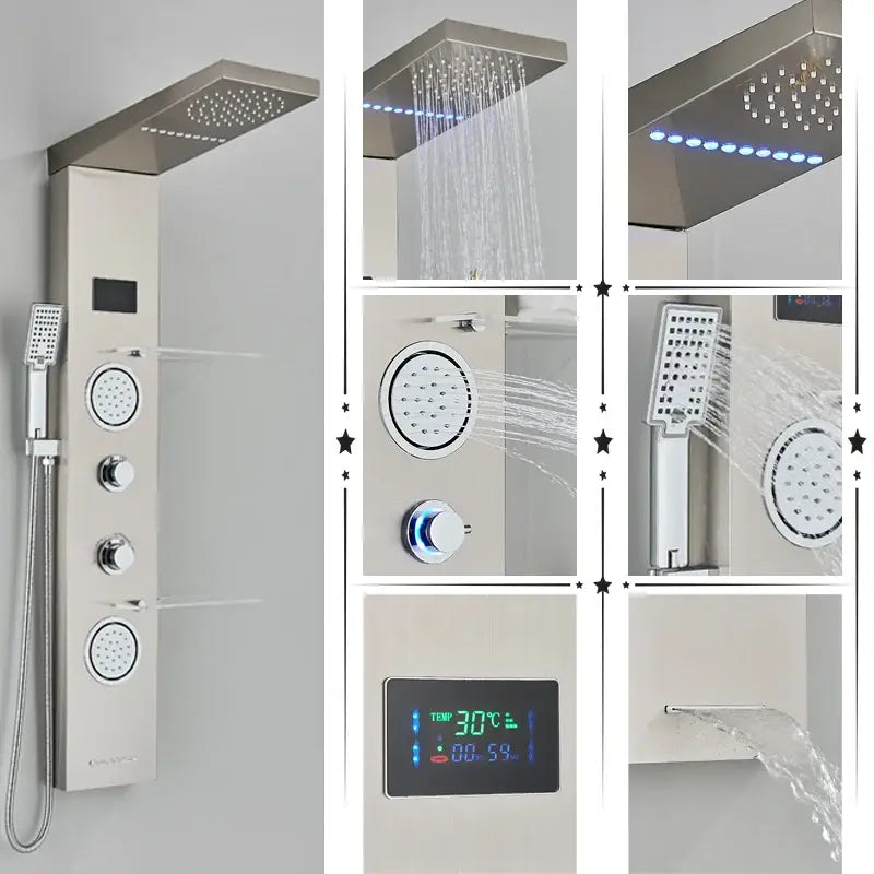 Modern black led rainfall shower panel with temperature screen bathroom