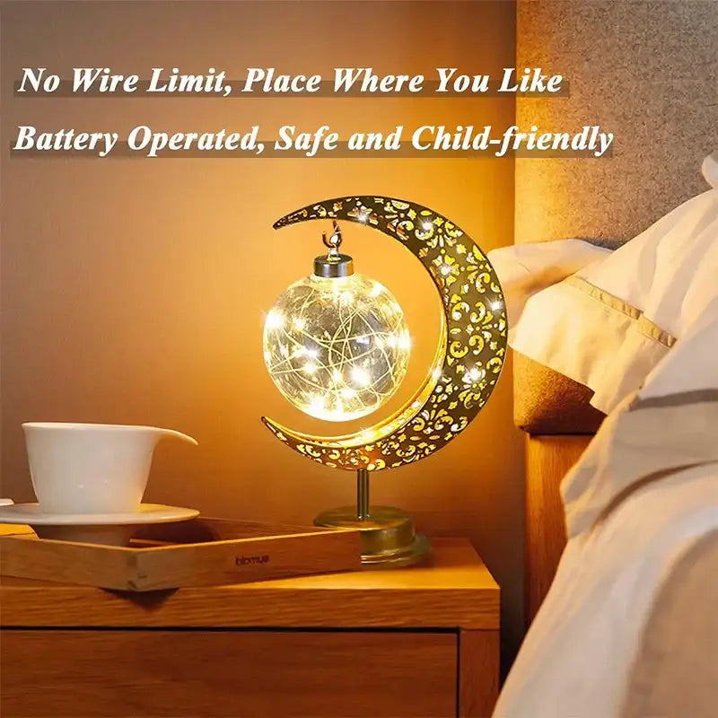 Golden filigree led ramadan moon table lamp bedroom decor