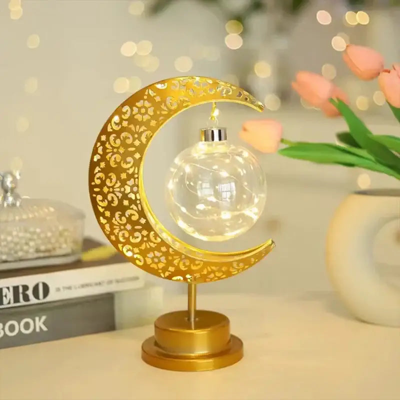 Golden filigree led ramadan moon table lamp bedroom decor