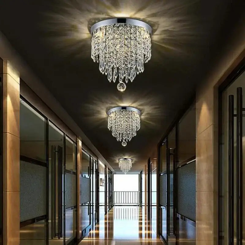 Crystal chrome led round ceiling light corridor droplet chandelier