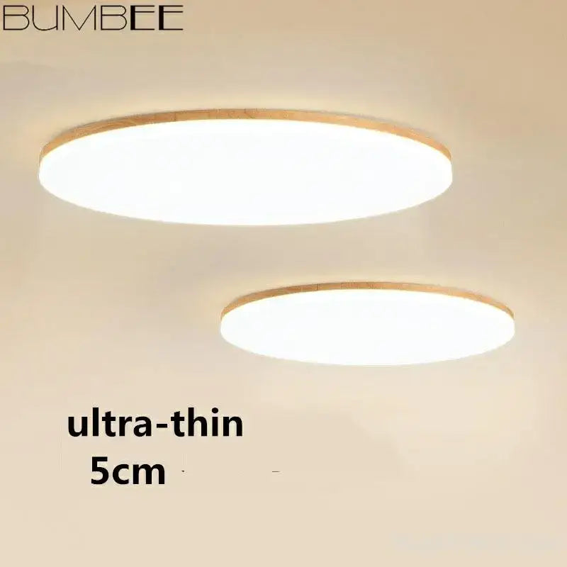 Modern wood rim round ceiling light warm yellow bedroom glow