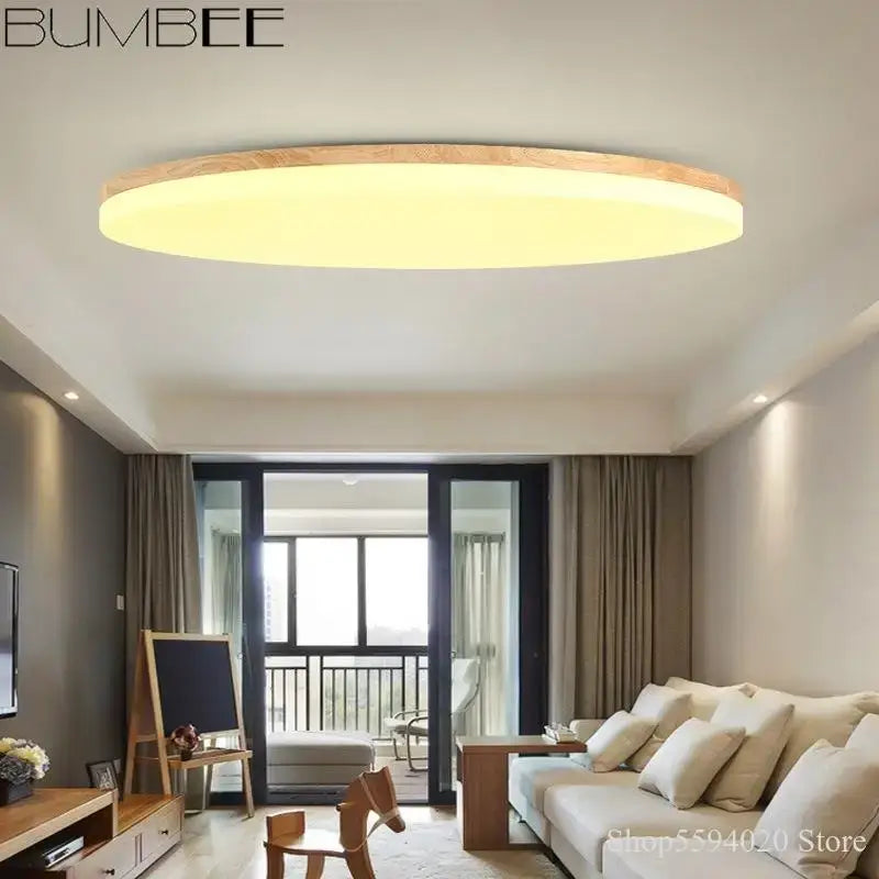Modern wood rim round ceiling light warm yellow bedroom glow