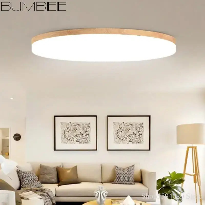 Modern wood rim round ceiling light warm yellow bedroom glow