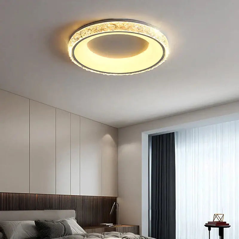 Modern textured crystal round ceiling light with remote control for bedroom