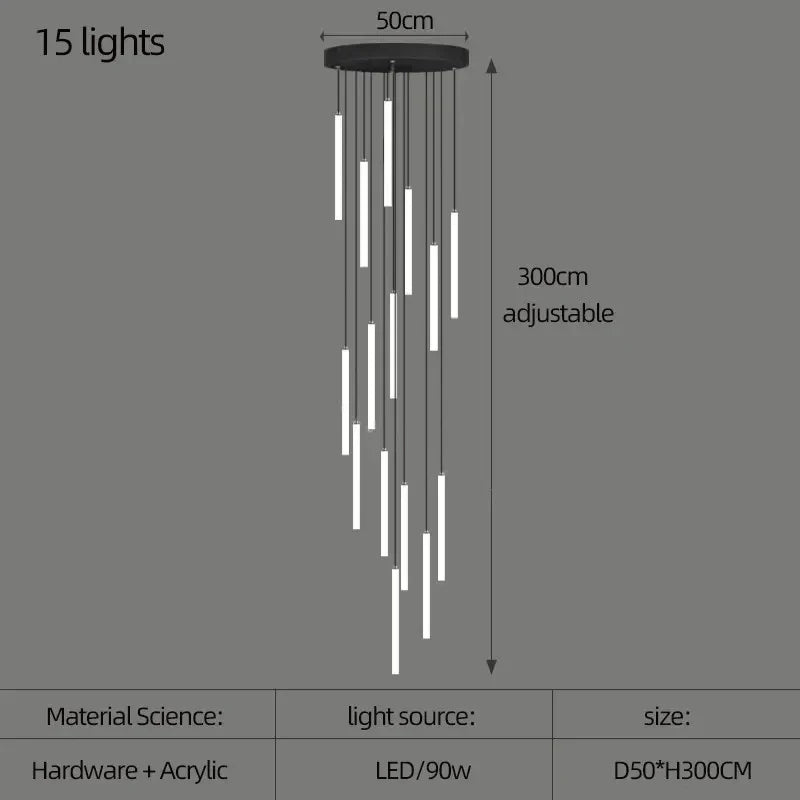 Modern black led spiral staircase ceiling chandelier for living room
