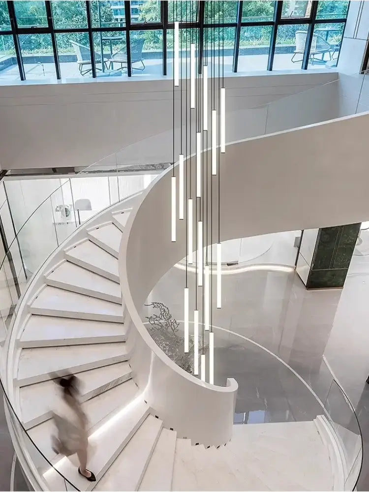 Modern black & white led spiral staircase chandelier living room