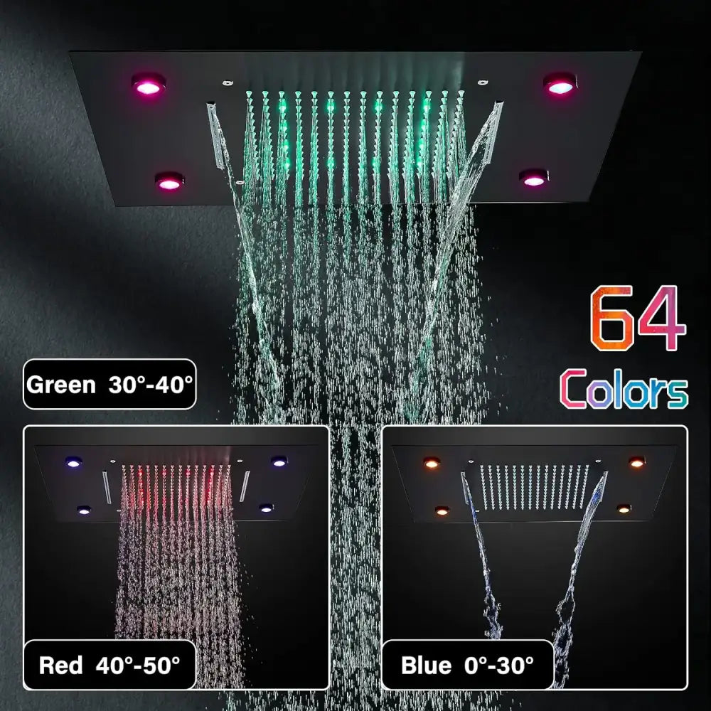 Black dual waterfall led thermostatic shower system bathroom rain head