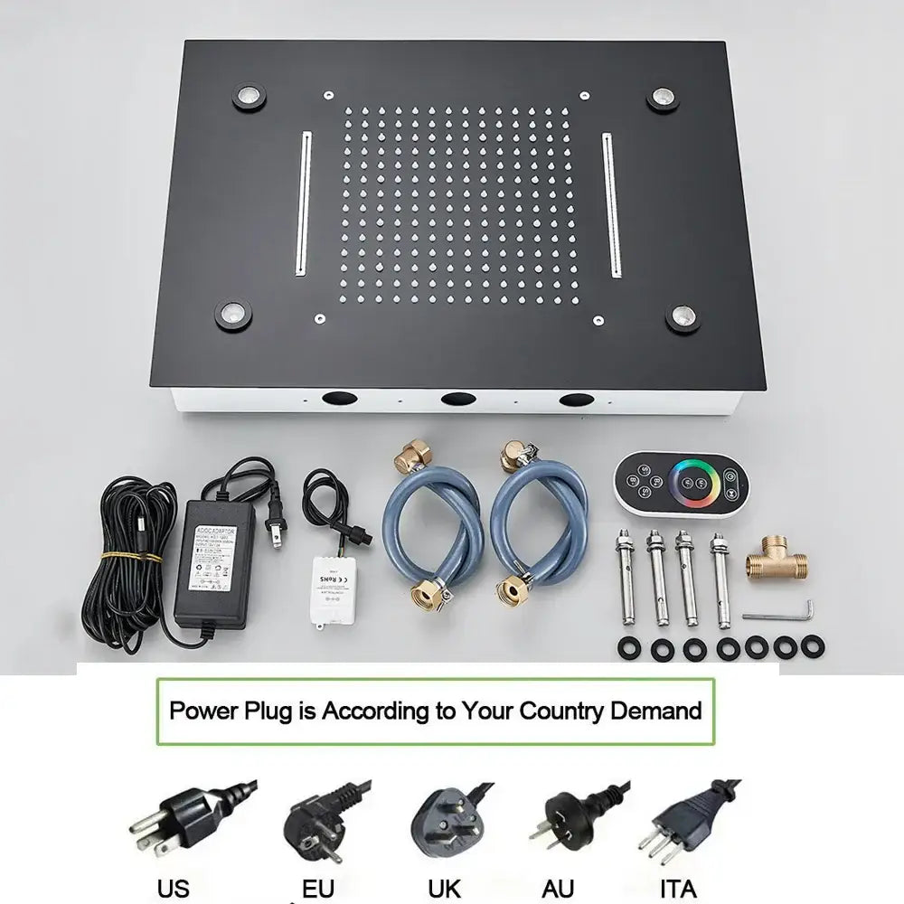 Black dual waterfall led thermostatic shower system bathroom rain head