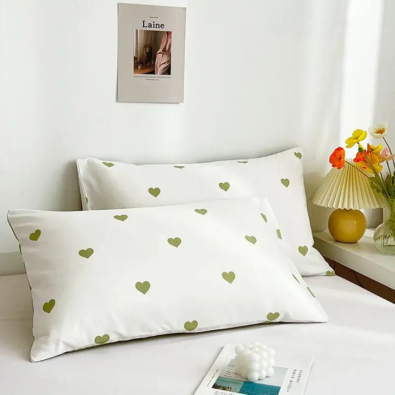 Love printed pillowcase set white & olive green bedroom decor